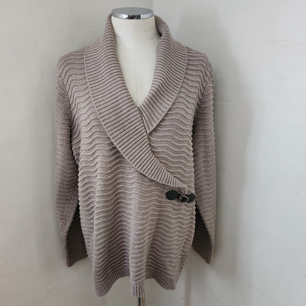 Calvin Klein Womens 1X Taupe Wavy Textured Shawl Collar Buckle Sweater